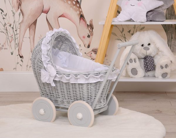 Wicker doll pushchair grey with white bedding and soft padding - Image 6